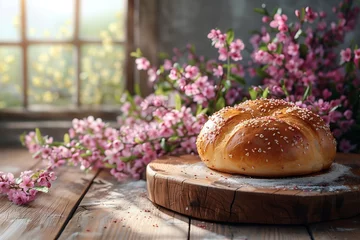 Badkamer foto achterwand spring Bagutte on wooden table and bakery background ,photorealistic © Jordi
