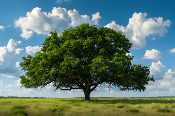 Fototapeta na wymiar A peaceful and serene landscape of a lonely green oak tree standing in a field.