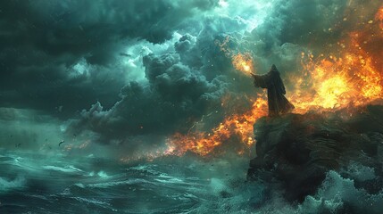 Magic of elements: Sorcerer controls fire and sea, fantasy scene, magic and fantasy background - obrazy, fototapety, plakaty