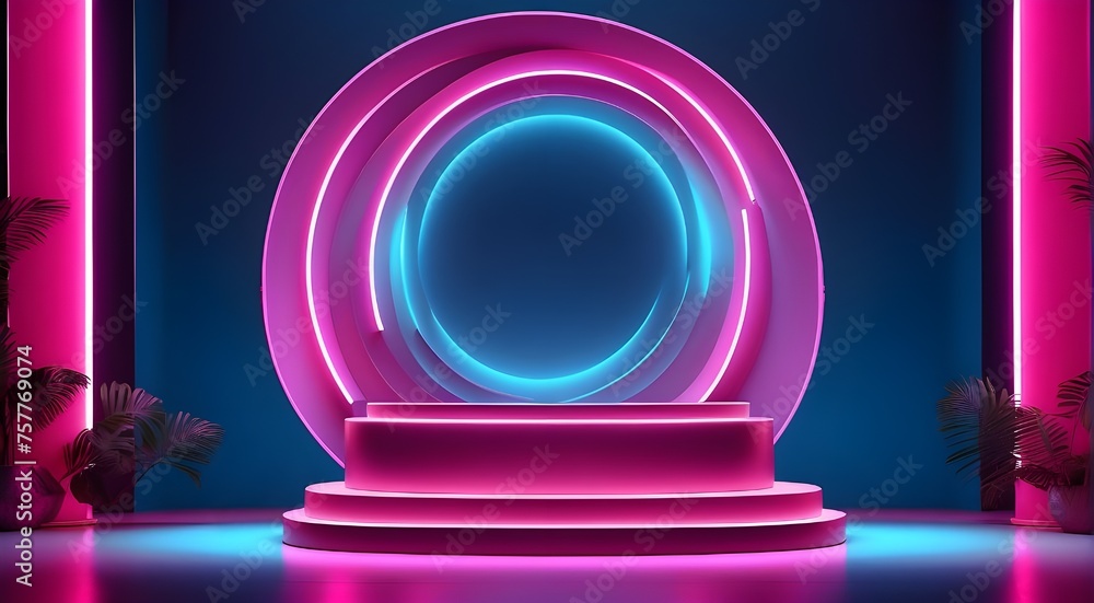 Poster glowing neon backdrop for product placement with an empty podium