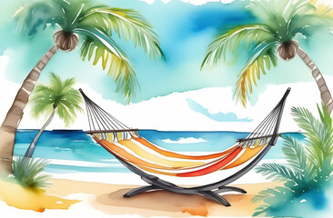 Fototapeta na wymiar A hammock suspended between two palm trees, against the backdrop of a seascape. Relaxation, tranquility and charm of tropical places. 