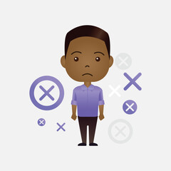 Cute African American cartoon man with x or wrong symbol on isolated background
