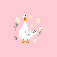 Cute goose. Adorable farm birds in different poses, funny characters and flowers. Childish t-shirt print and poster design, kids textile and nursery decor. Vector cartoon flat isolated illustration