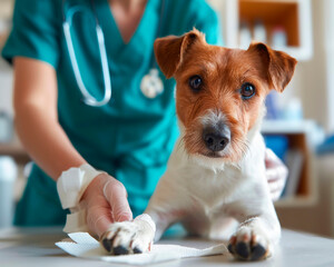 a veterinarian demonstrating the proper way to apply a bandage on a dogs paw with the focus on gentle hands and the dogs calm demeanor