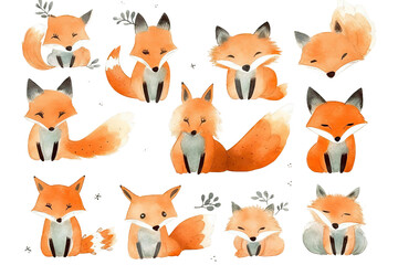 Cute Hand drawn watercolor style Vector set foxes animals
