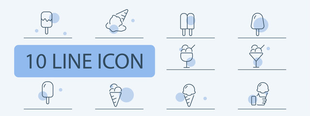 Sweetness icon set. Cold, ice cream, summer, glass, ice, children, refrigerator, cream, popsicle, cone, milk, dessert, chocolate. 10 line icon style. Vector line icon for business and advertising