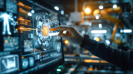 Fototapeta premium Businessman in blue suit working with digital vurtual screen. Digital transformation conceptual for next generation technology. IT consultant presenting tag cloud about information technology.. 