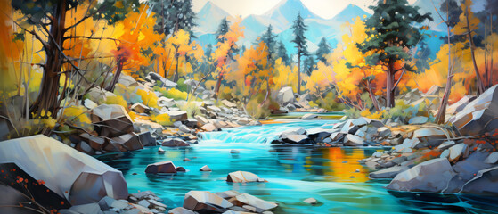 Oil Painting  mountain river rocks and forest abstrac