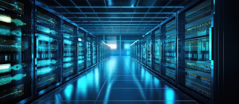 Azure servers lined up in a rectangular hallway with electric blue lighting, creating a symmetrical and parallel fixture reminiscent of an aqua technology oasis