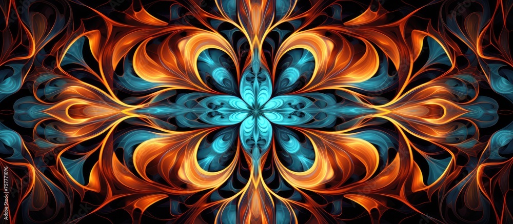 Poster a stunning piece of fractal art resembling a kaleidoscope with a flower at its center. the intricate