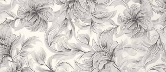 A detailed closeup of a monochrome gray and white floral pattern on a white background, showcasing the intricate artistry and elegant design of the pattern in stunning monochrome photography