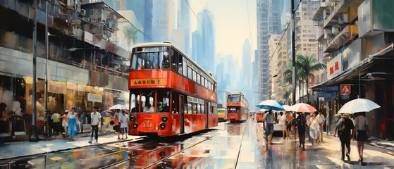 Fotobehang Londen rode bus Oil Painting  Street View of Hong Kong ..
