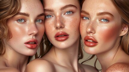 Skincare high-quality photo detail, close-up on face, three beautiful female models fresh face, beautiful, glowing, healthy skin, skin makeup, perfect skin and lips, skincare product