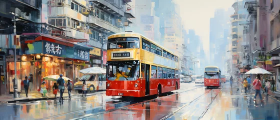 Aluminium Prints London red bus Oil Painting  Street View of Hong Kong ..