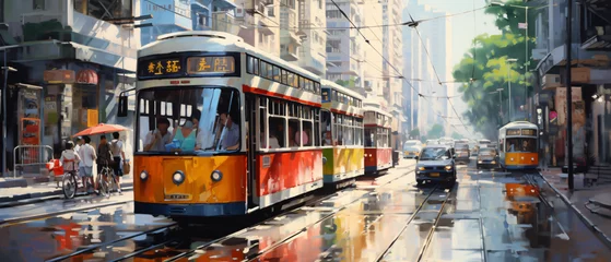 Photo sur Aluminium Bus rouge de Londres Oil Painting  Street View of Hong Kong ..