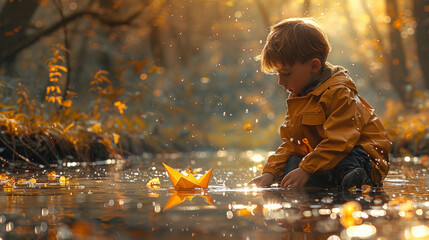 Young Boy Playing With Paper Boat in Stream - obrazy, fototapety, plakaty