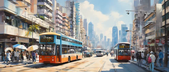 Printed roller blinds London red bus Oil Painting  Street View of Hong Kong ..