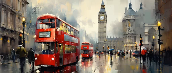 Papier Peint photo Bus rouge de Londres Oil Painting  Street View of London ..  .