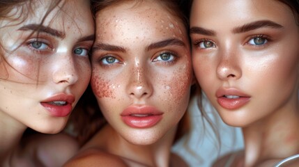 Skincare high-quality photo detail, close-up on face, three beautiful female models fresh face, beautiful, glowing, healthy skin, skin makeup, perfect skin and lips, skincare product