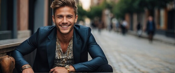 Young gay man in stylish clothes smiling happily