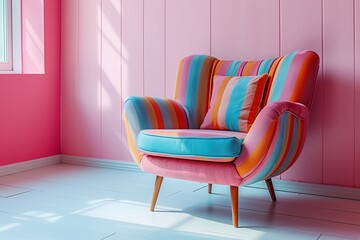 Vibrant striped sofa contrasts elegantly with soft pastel wall, offering inviting comfort and ample copy space