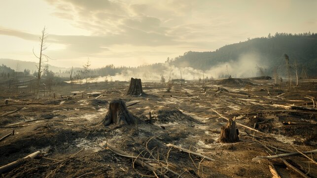 Sunset over a desolate landscape after a forest fire, with lingering smoke and tree stumps
