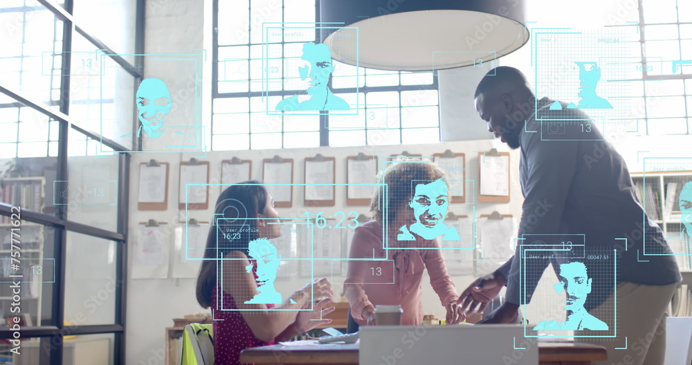 Poster digital portraits and data over diverse architects discussing blueprints at meeting