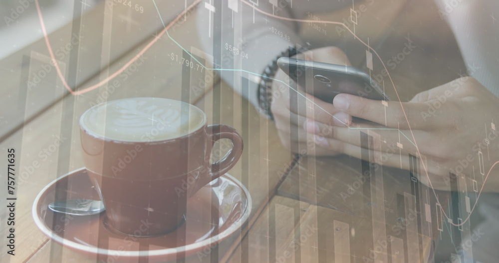 Poster image of statistics and data processing over woman using smartphone