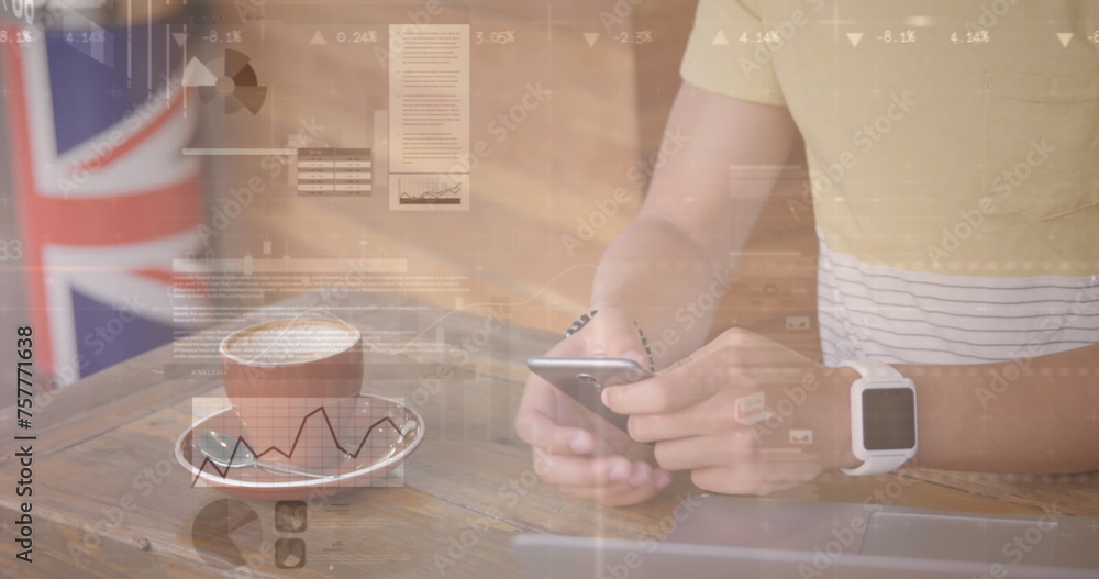 Poster image of statistics and data processing over man using smartphone