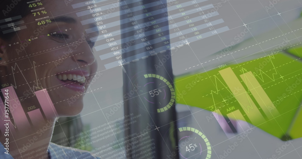 Poster image of statistics and data processing over woman using laptop