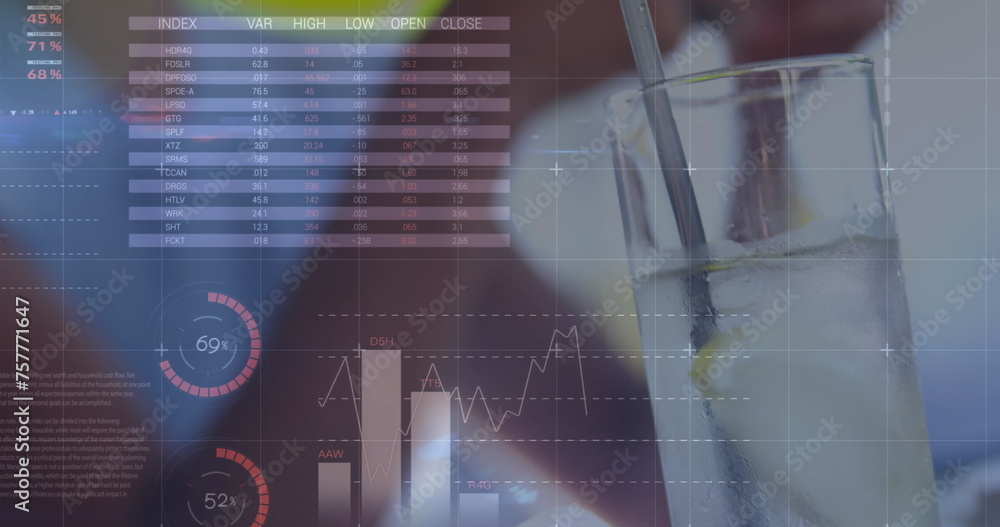 Poster Image of statistics and data processing over woman using smartphone