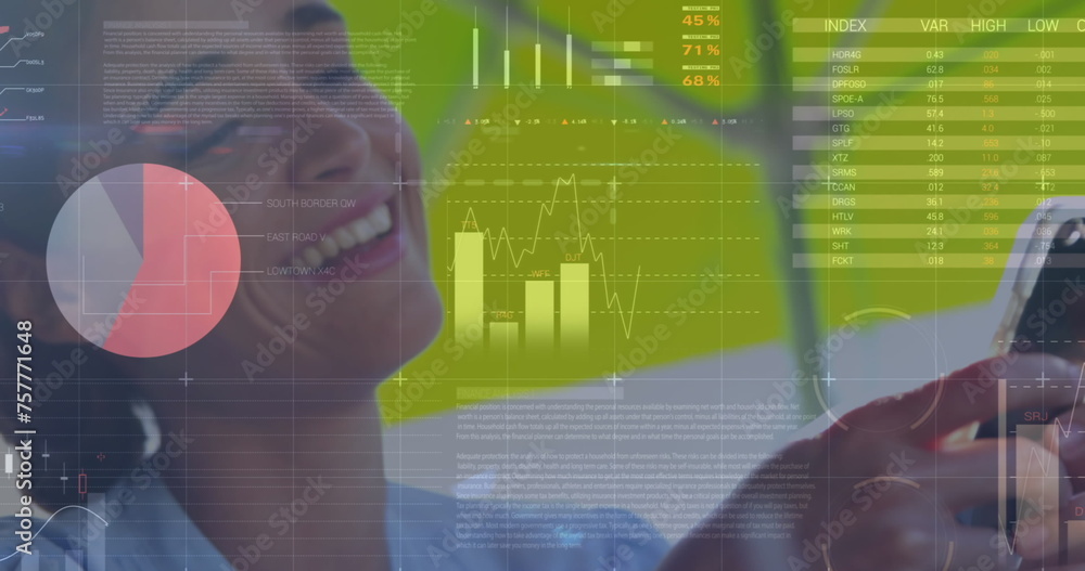 Poster image of statistics and data processing over woman using smartphone