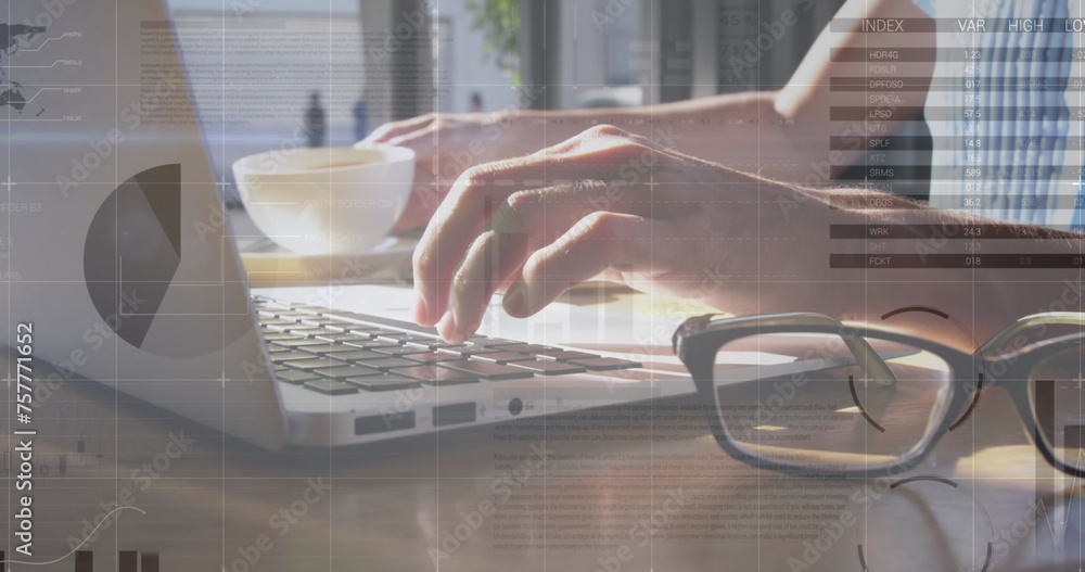 Poster image of statistics and data processing over man using laptop