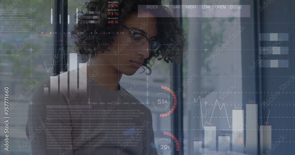 Poster image of statistics and data processing over man using smartphone
