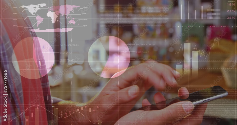 Poster image of statistics and data processing over woman using smartphone