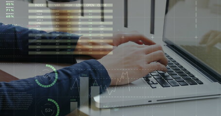 Image of statistics and data processing over man using laptop
