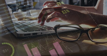 Image of statistics and data processing over woman using laptop