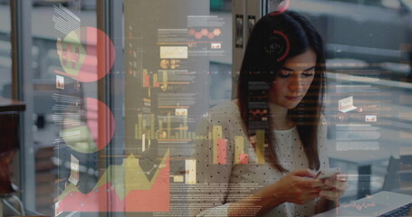 Image of statistics and data processing over woman using smartphone