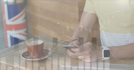 Image of statistics and data processing over woman using smartphone