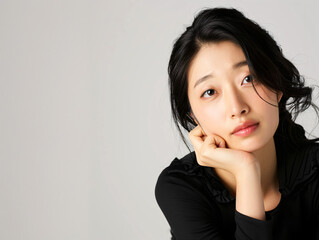頬杖をつくアジア人女性のポートレート