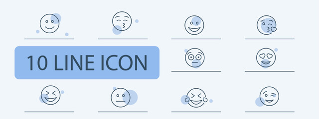 Emoji icon set. Wink, surprise, opening eyes, blowing a kiss, smiling, happiness. 10 line icon style. Vector line icon for business and advertising