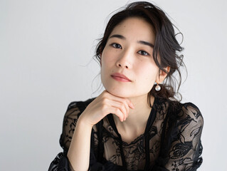 頬杖をつくアジア人女性のポートレート