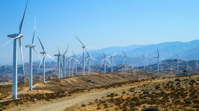 Wind turbines standing in a desert landscape, renewable energy and sustainable development concept with clear blue sky