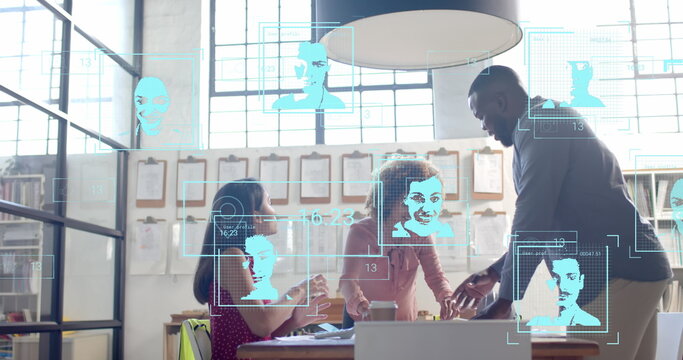 Digital portraits and data over diverse architects discussing blueprints at meeting - Powered by Adobe