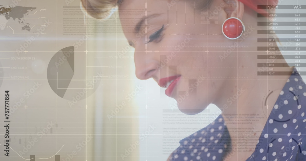Poster image of statistics and data processing over woman using smartphone