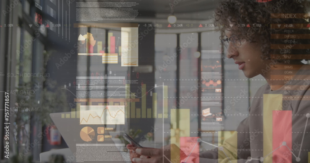 Poster image of statistics and data processing over man using laptop