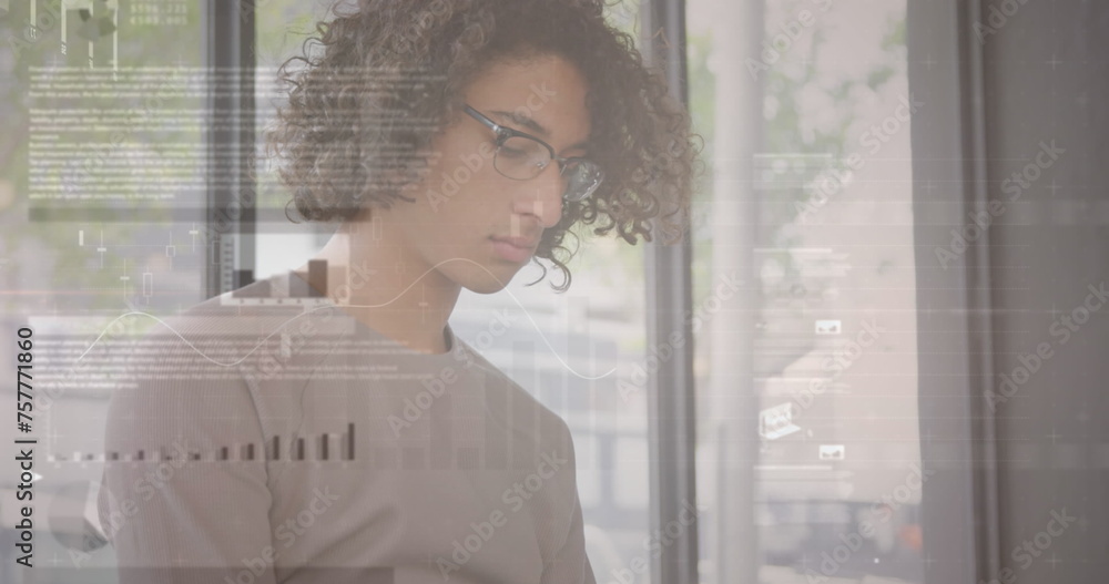 Poster image of statistics and data processing over man using smartphone