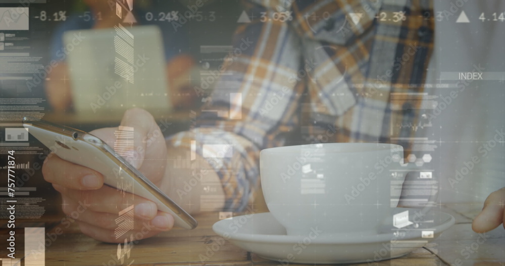 Poster image of statistics and data processing over man using smartphone