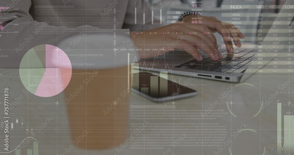 Poster image of statistics and data processing over man using laptop