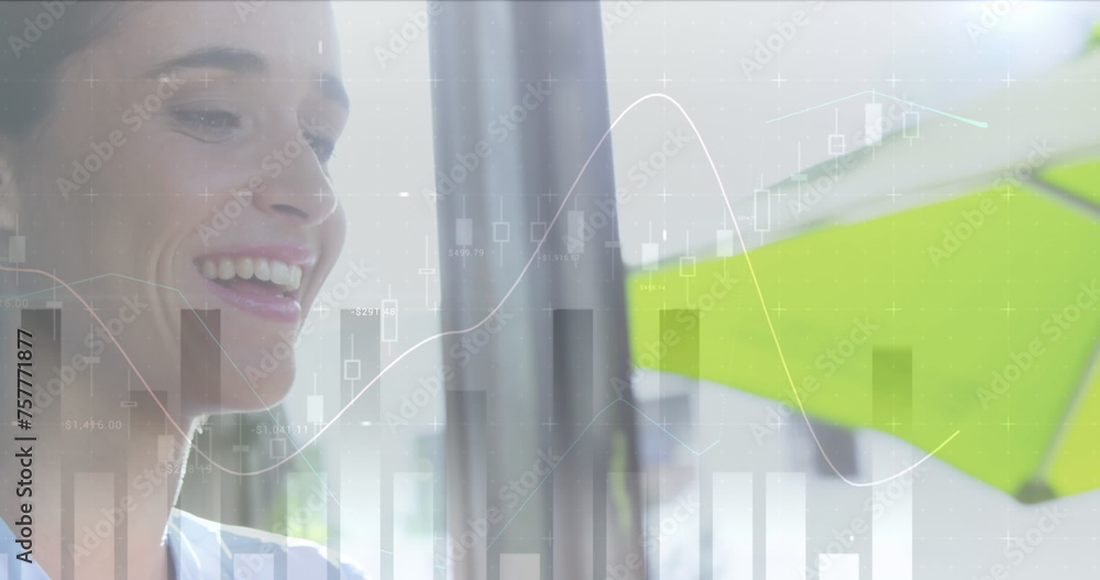 Poster image of statistics and data processing over woman using laptop